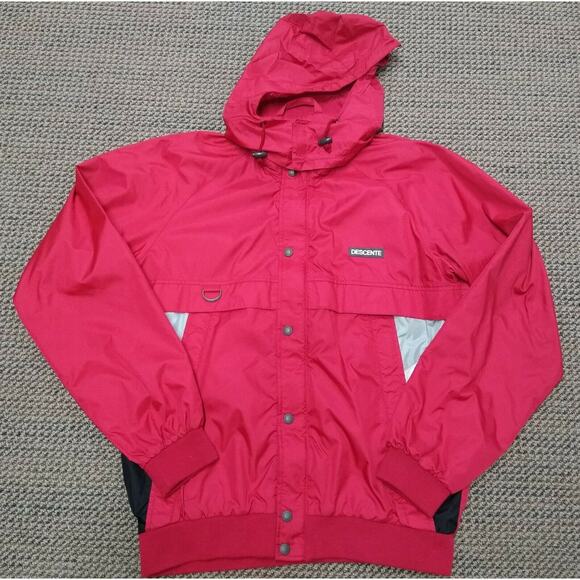 VTG Descente Red Casual Jacket Removable Hood Windbreaker Coat Adult Size Large - Picture 1 of 7